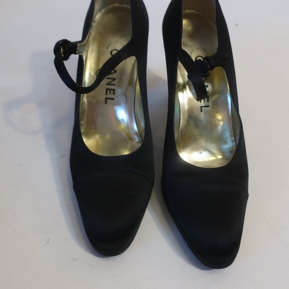 Womens Chanel Black Satin Mini Platform Mary Jane Heels 37.5 US/7 - Picture 7 of 15